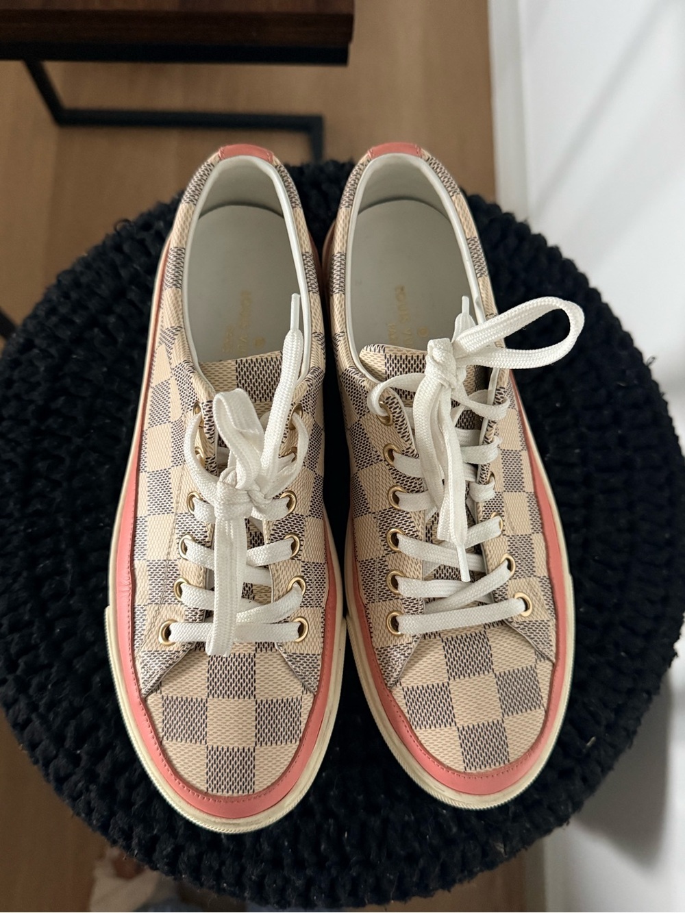 Louis Vuitton Beige Checkerboard Sneakers with Pink Trim